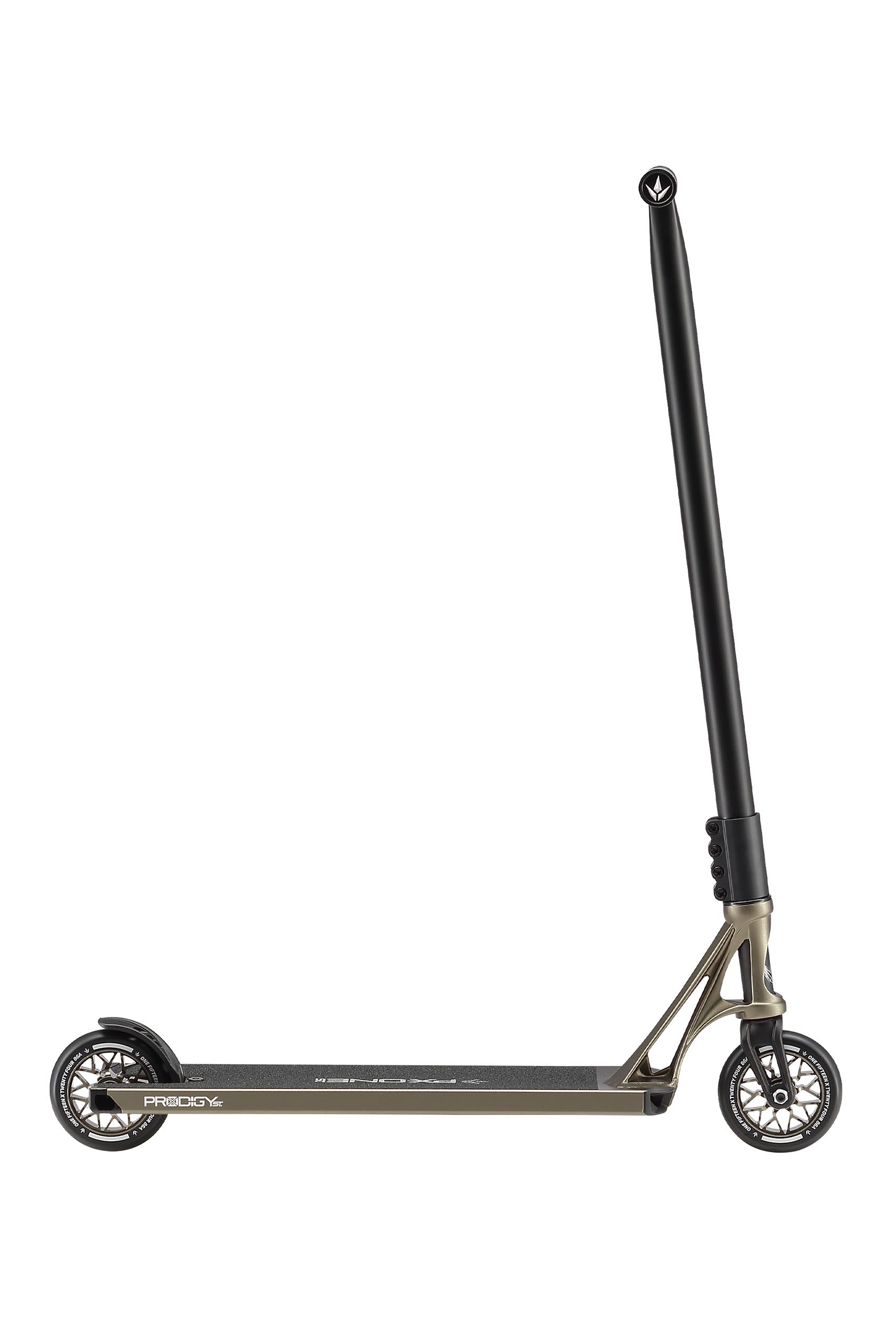 The Blunt Envy Prodigy X ONE Street Edition Complete Stunt Scooter in Olive is shown side profile, featuring advanced street tech, a black handlebar, bronze deck, and black wheels against a white background.