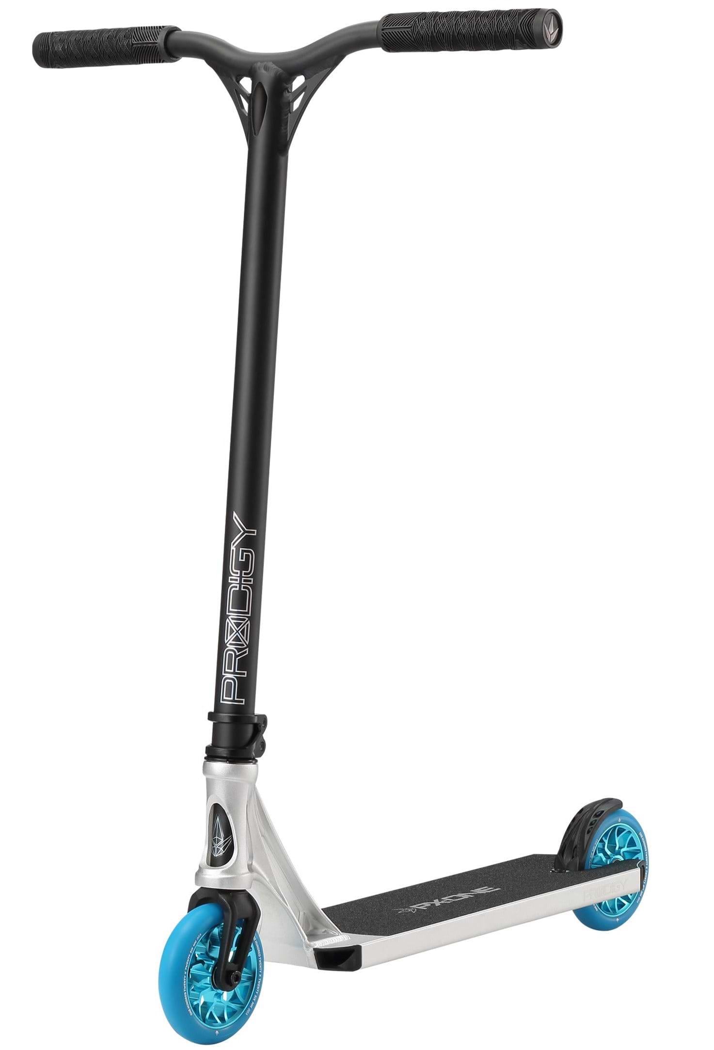 The Blunt Envy Prodigy X ONE Complete Stunt Scooter in silver has black and blue wheels, a black grip deck, rear fender brake, and "PRODIGY" printed vertically on the handlebar stem.