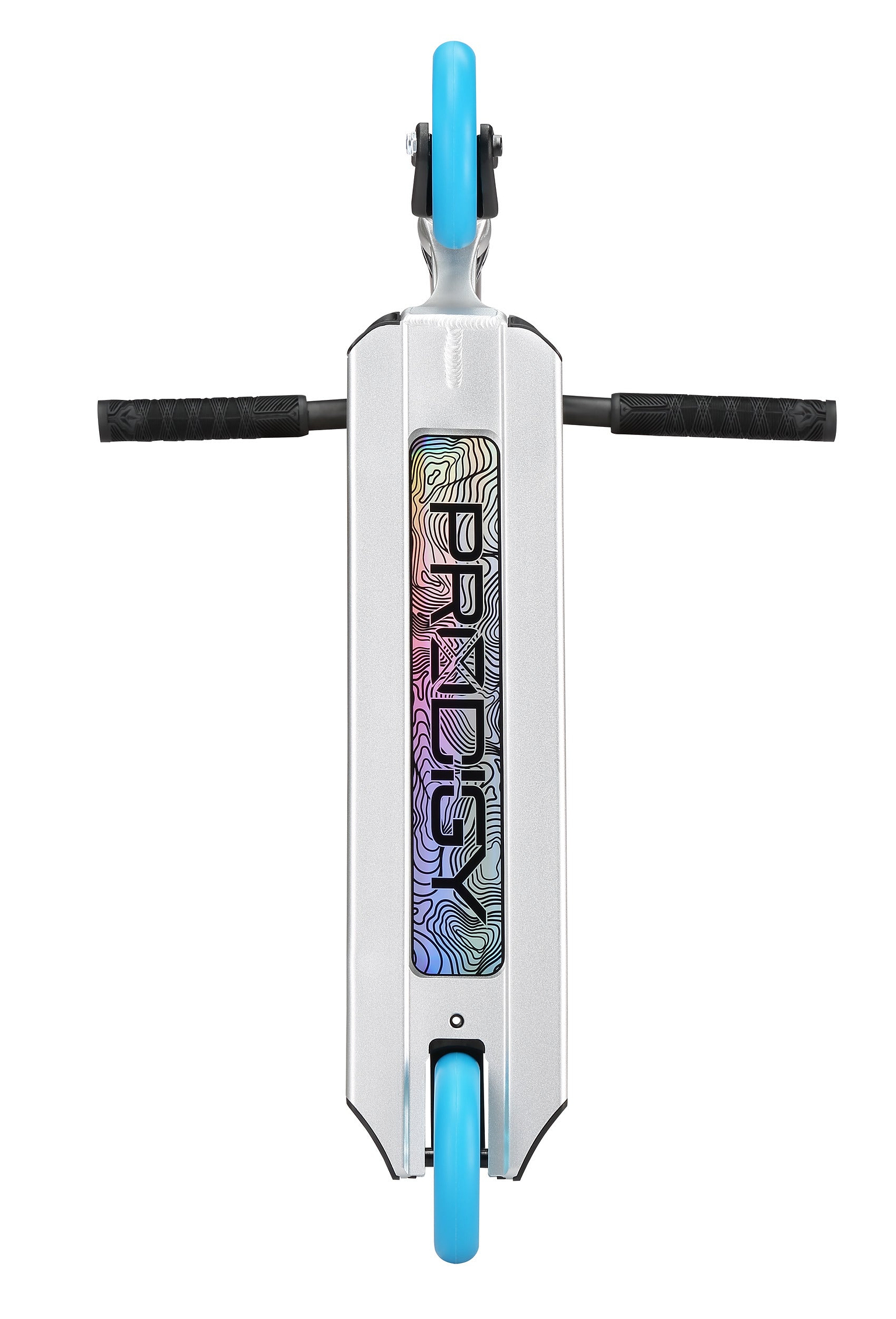 Top view of the Blunt Envy Prodigy X ONE Complete Stunt Scooter in silver, with blue wheels and black handlebars. The deck displays a vibrant patterned graphic—ideal as a complete stunt scooter for tricks and rides.