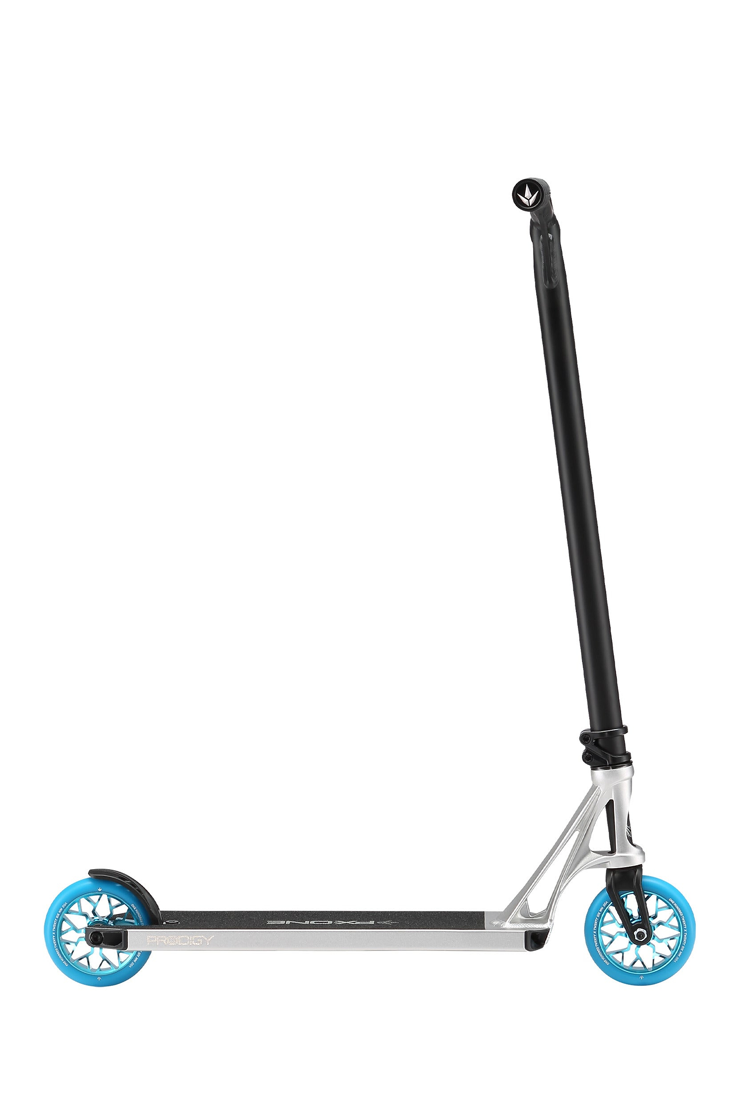 The Blunt Envy Prodigy X ONE Complete Stunt Scooter in silver features a black handlebar and bright blue wheels, displayed in profile against a white background.