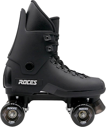 A black Roces Pro 80 Nucleus Quad Roller Skate featuring a high-ankle boot, black laces, and four black wheels. The side of the boot displays the white “ROC” logo, making these Roces skates a stylish and durable option for anyone seeking sleek quad roller skates.