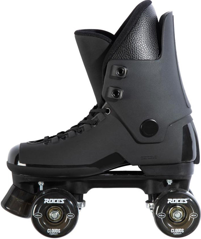 The Roces Pro 80 Nucleus Quad Roller Skates - Black / Black feature a sleek, high-ankle boot with a lace-up front and four wheels, combining modern design with sturdy, cushioned construction. Perfect for anyone seeking durable derby skates or the reliable performance expected from Roces.