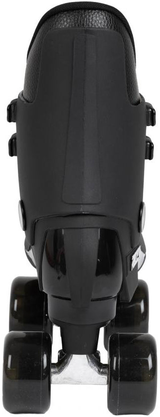The Roces Pro 80 Nucleus Quad Roller Skates in Black/Black by Roces are shown from the back, highlighting their four wheels and high-top boot with secure buckle closures.