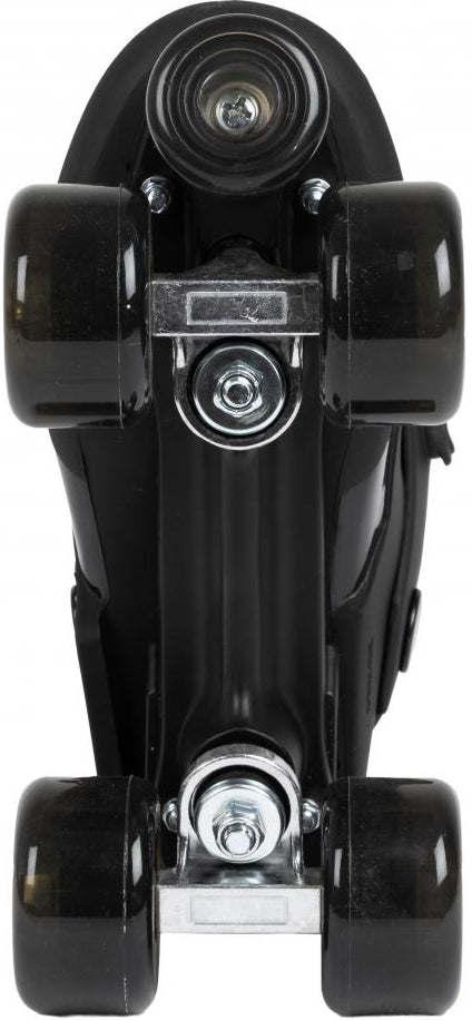 Top-down view of the Roces Pro 80 Nucleus Quad Roller Skates in black, showing four wheels, metal axles, and the front toe stop.