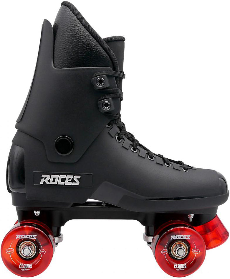 The Roces Pro 80 Quantum Quad Roller Skates in black with red translucent wheels, designed for aggressive park skating, are shown in profile view on a white background.