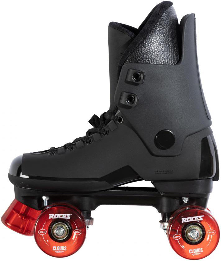 The Roces Pro 80 Quantum Quad Roller Skates by Roces feature a sleek black high-ankle boot and vibrant red wheels, displayed from the side against a white background. Ideal for anyone seeking stylish and stable quad roller skates.