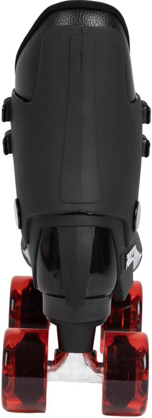 The Roces Pro 80 Quantum Quad Roller Skates by Roces feature a hard black boot and translucent red wheels, shown here from the rear—ideal for aggressive park skating.