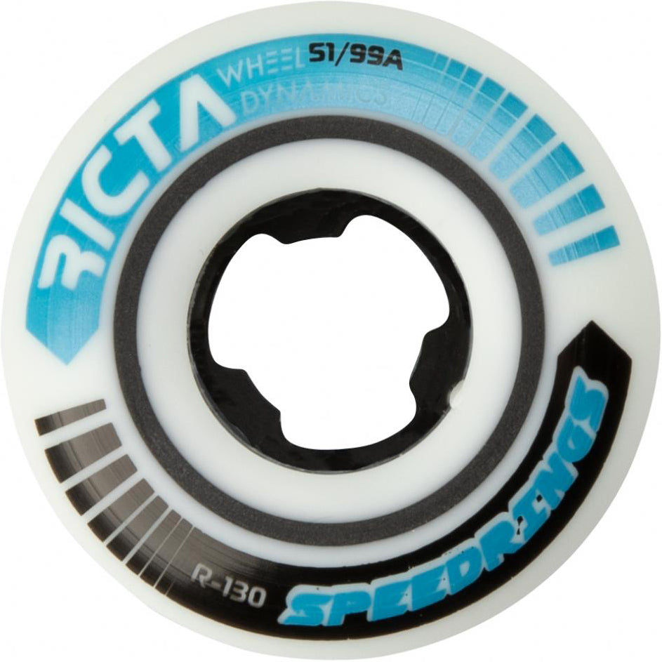 The Ricta Speedrings Slim 51mm 99A Skateboard Wheels in white feature blue and black graphics with the text “Ricta,” “Speedrings,” and “51/99A.” These wheels, part of the Ricta Speedrings series, have a distinctive black inner ring.