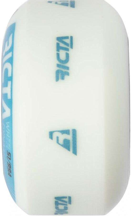 A white Ricta Speedrings Slim 51mm 99A skateboard wheel is shown in the photograph, displaying prominent blue text and logos along its side. The image highlights the product’s profile and detailed design, perfectly representing these high-performance wheels from Ricta favored by skaters.