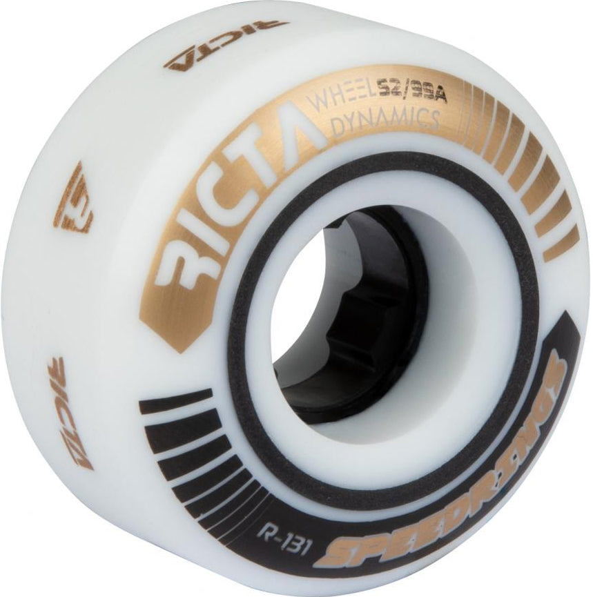 A close-up of a Ricta Speedrings Slim 52mm 99A Skateboard Wheel in white, showcasing gold and black text and graphics—including the words “RICTA,” “Speedrings,” and “52/99A” along the side. This high-performance skateboard wheel by Ricta is built for durability and delivers the smooth ride expected from 99A wheels.
