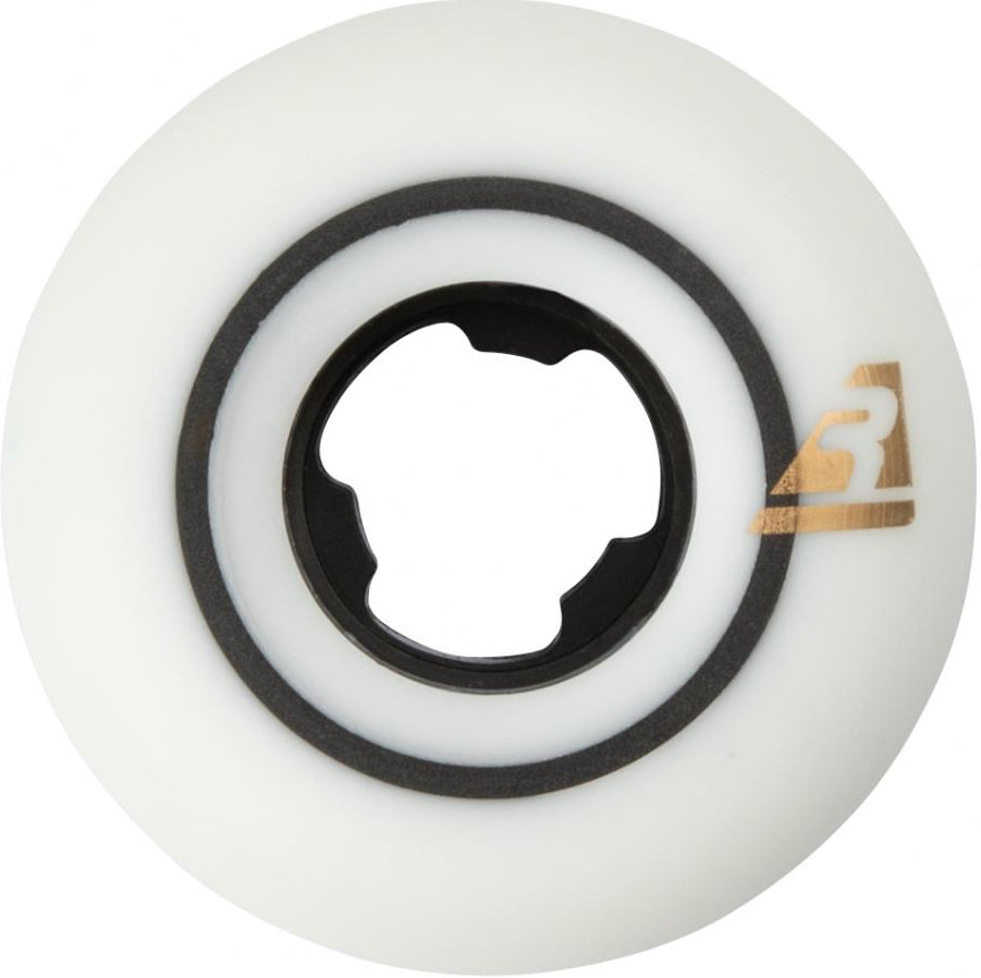 A closeup of a white Ricta Speedrings Slim 52mm 99A Skateboard Wheel featuring a black inner ring and a small gold logo on the side, showcasing the clean design characteristic of Ricta wheels.