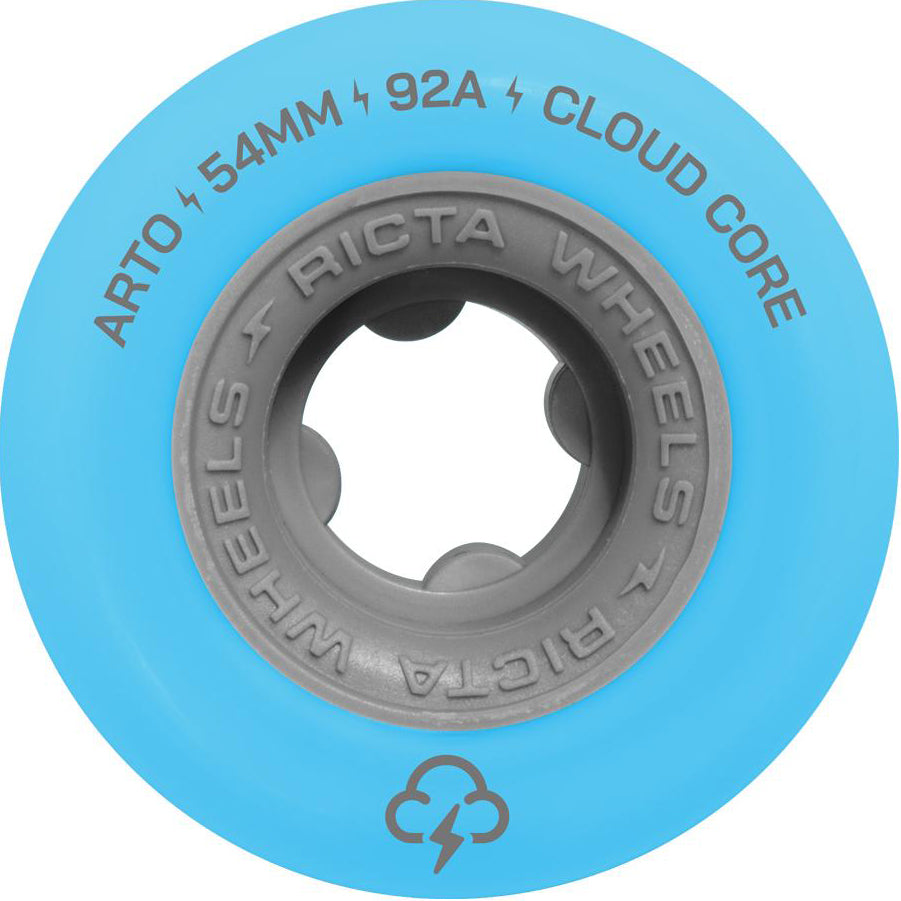 The Ricta Clouds Arto Saari 54mm 92A Skateboard Wheel—featuring a blue design with a gray core and “RICTA WHEELS” printed around the center—is accented by a small cloud and lightning icon near the bottom. As part of the Ricta Clouds line, this cruiser wheel is ideal for skaters who want smooth rides and reliable performance from their 54mm 92A skateboard wheels.