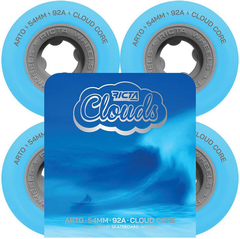 Four blue skateboard wheels from Ricta, labeled “RICTA WHEELS,” are displayed around packaging featuring a wave design and the text: “Clouds; Arto; 54MM; 92A; Cloud Core; All Terrain Skateboard Wheels.” The Ricta Clouds Arto Saari 54mm 92A Skateboard Wheels are perfect for a smooth ride on any terrain.