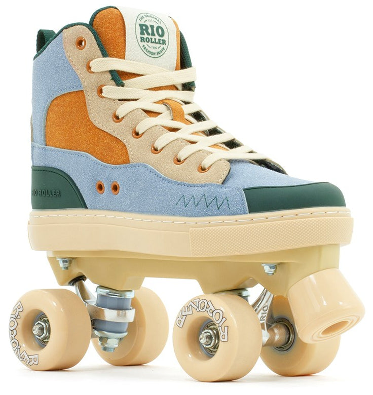 The Rio Roller Beats Quad Roller Skates - Blue / Tan feature a retro high-top vegan boot in blue, orange, beige, and green with cream laces, beige wheels, sturdy sole, and the "Rio Roller" brand on the tongue and wheels.
