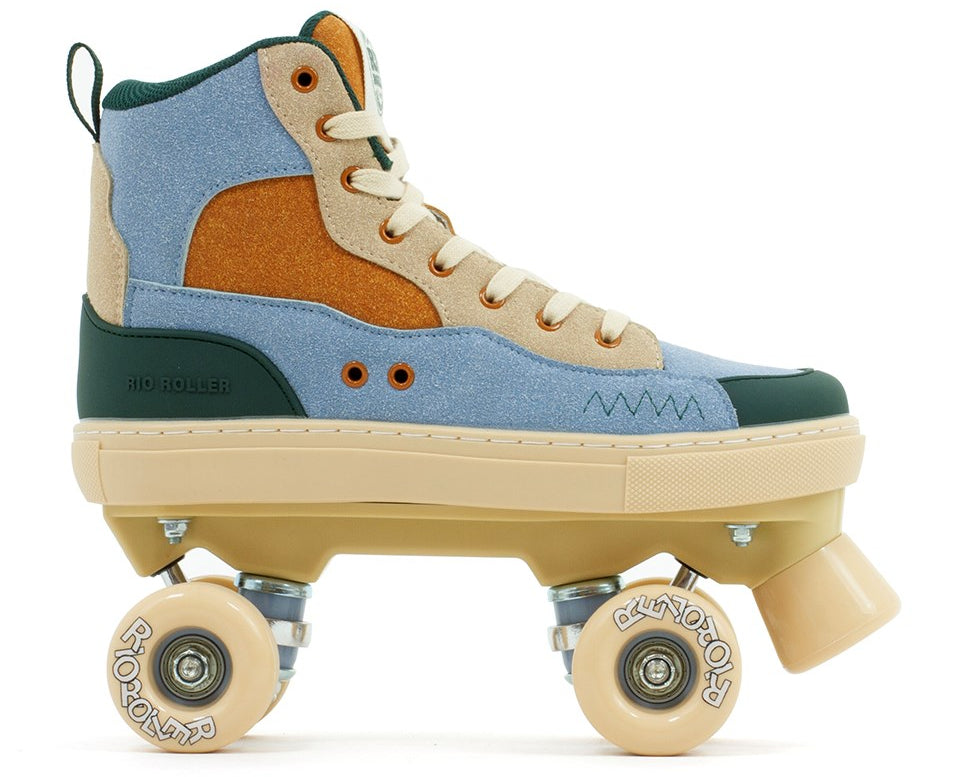 The Rio Roller Beats Quad Roller Skates - Blue / Tan feature a retro high-top sneaker design in blue and tan with cream laces, beige wheels, and vegan-friendly materials, from the brand Rio Roller.