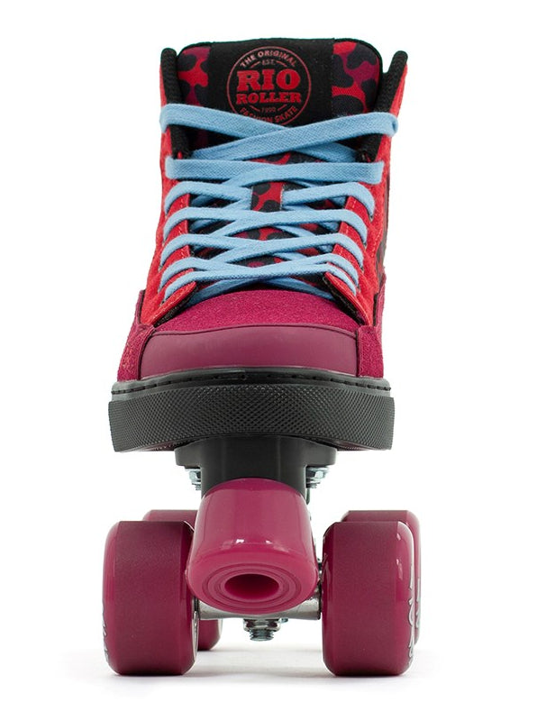 A front view of Rio Roller Beats Quad Roller Skates in Red / Leopard by Rio Roller, featuring blue laces, pink wheels, and the logo on the tongue—these skates are vegan friendly.