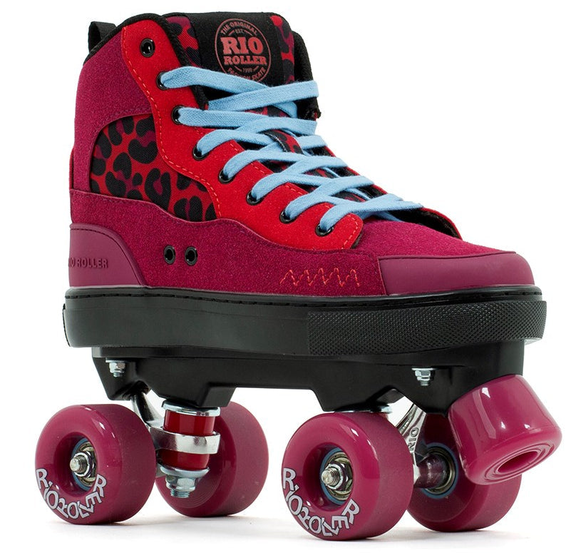 The Rio Roller Beats Quad Roller Skates – Red / Leopard by Rio Roller are vegan-friendly high-top quads featuring red and black design, light blue laces, leopard print sides, pink wheels, and toe stop labeled "Rio Roller," styled like classic sneakers.