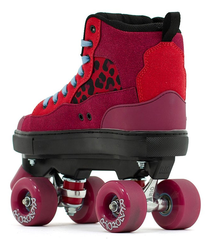 The Rio Roller Beats Quad Roller Skates - Red / Leopard by Rio Roller feature vibrant red and pink high-tops, light blue laces, leopard print sides, matching pink wheels, and a black base—ideal for stylish durability.