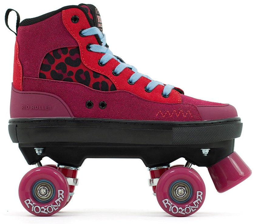The Rio Roller Beats Quad Roller Skates - Red / Leopard by Rio Roller feature a red and black high-top boot with blue laces, leopard print accents, pink wheels with white branding, black sole, and are vegan friendly.