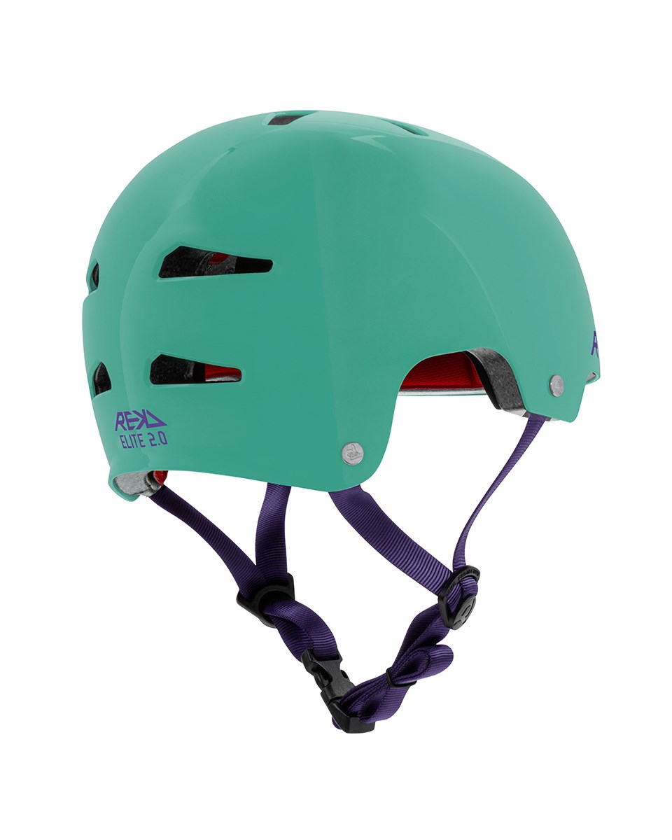 The REKD Elite 2.0 Skate / Scooter Helmet in gloss teal features black vents, a red inner lining, purple adjustable chin straps, and "REKD Elite 2.0" branding on the side. Lightweight and certified for action sports.