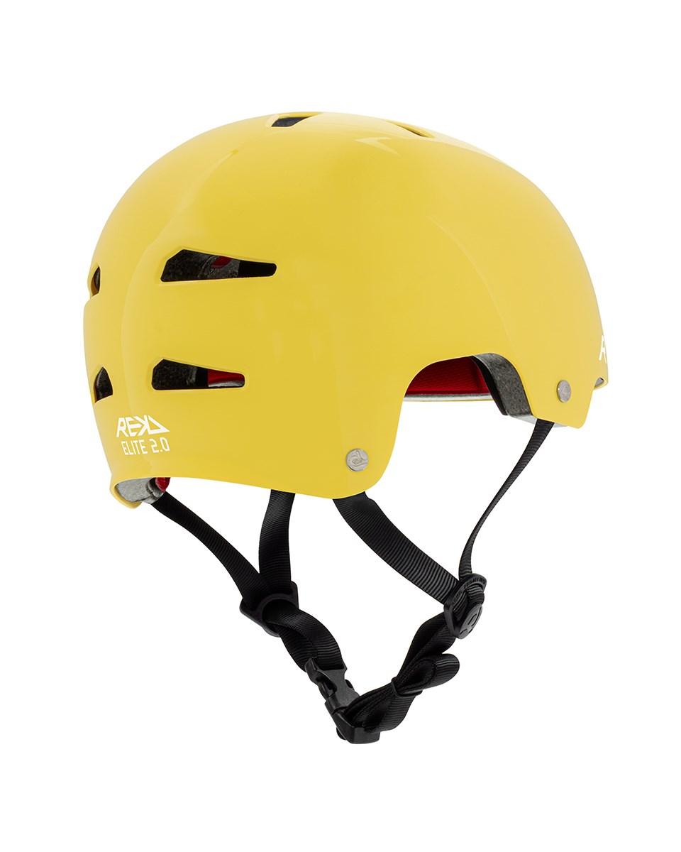 The REKD Elite 2.0 Skate / Scooter Helmet in gloss yellow features black ventilation slots, black adjustable straps, and a red interior lining for head protection during sports or outdoor activities.