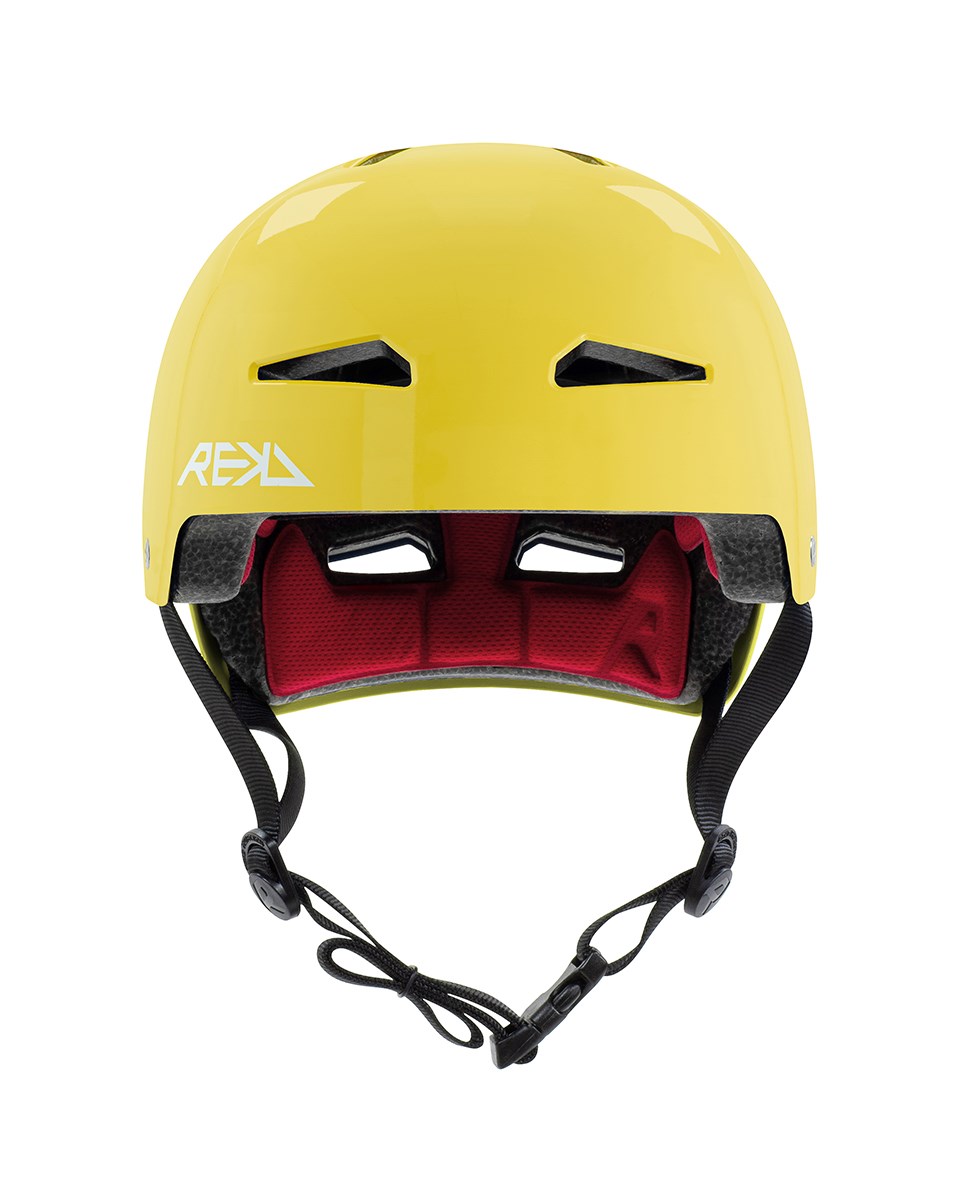 The REKD Elite 2.0 Skate / Scooter Helmet in gloss yellow features black ventilation slits, a black adjustable chin strap, red inner padding, and a white REKD logo—lightweight and shown against a white background.