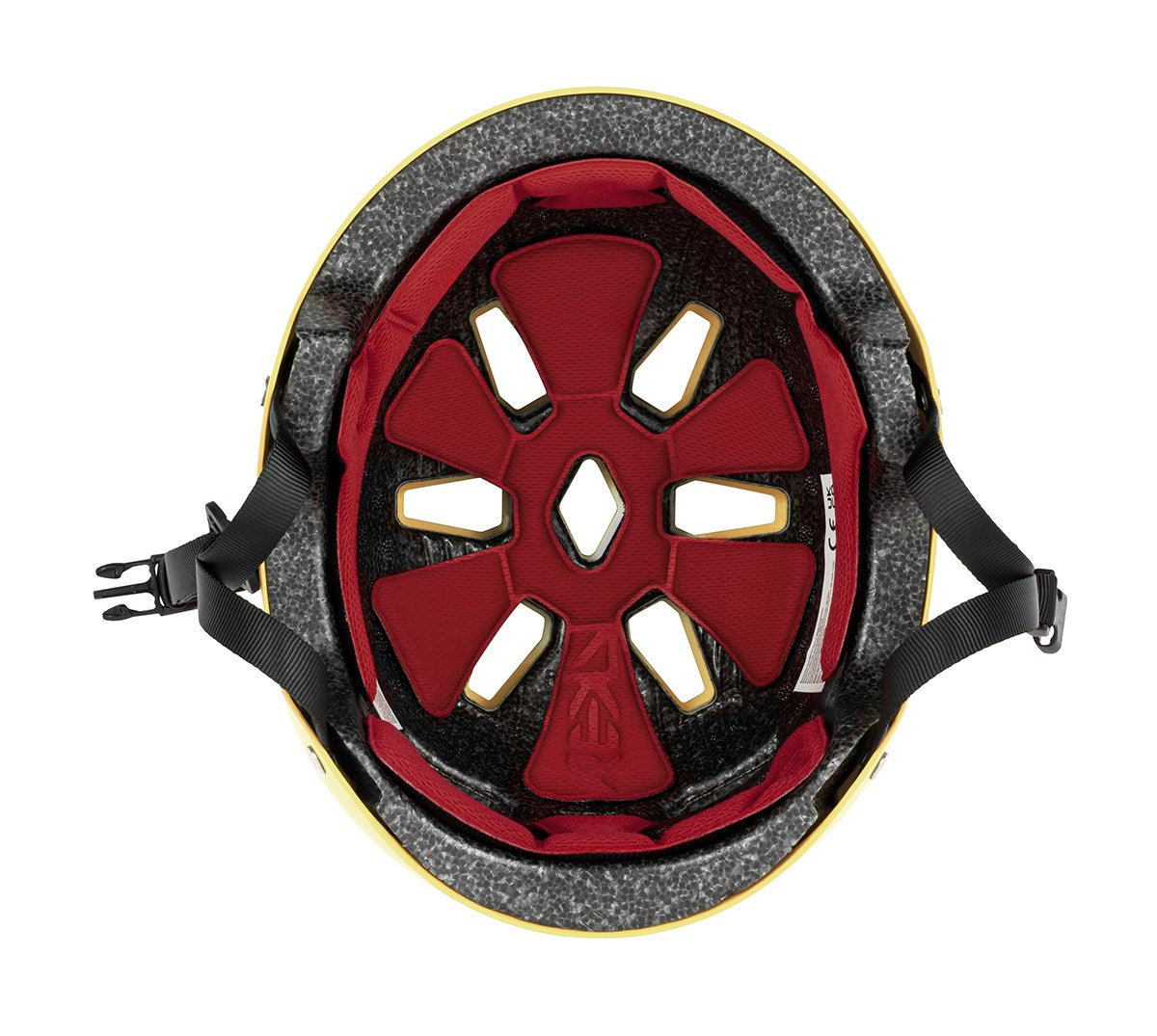A top-down view of the REKD Elite 2.0 Skate / Scooter Helmet - Gloss Yellow shows red padded liners, black straps, grey foam padding, a yellow outer edge, and plastic buckle—all from REKD in a certified lightweight design for action sports.
