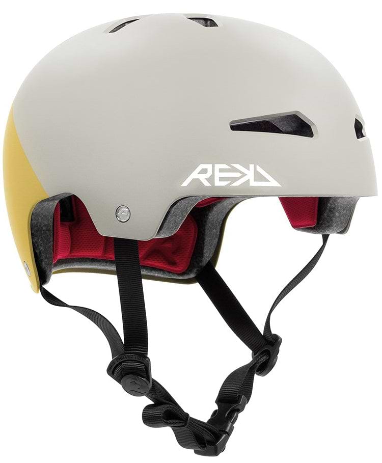 The REKD Elite 2.0 Skate / Scooter Helmet in grey/yellow features lightweight protection, red interior padding, black adjustable straps, and ventilation holes—ideal for cycling or skating action sports.