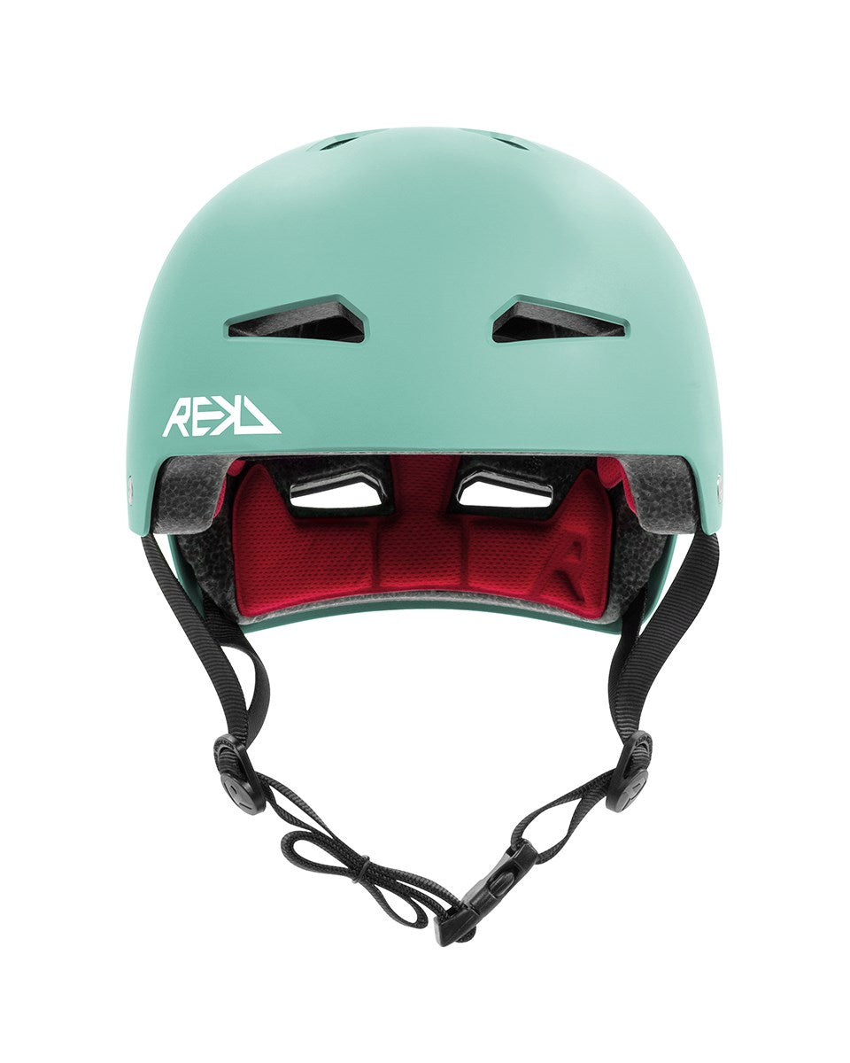 A REKD Elite 2.0 Skate/Scooter Helmet in matt teal with black adjustable straps, ventilation holes, and red interior padding, shown from the front on a white background.