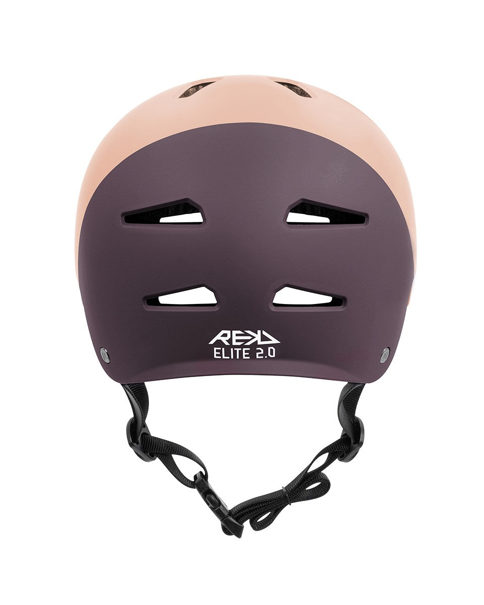 The REKD Elite 2.0 Skate/Scooter Helmet in Peach/Purple is lightweight, features ventilation slots, black adjustable straps, and "REKD ELITE 2.0" branding on the back.