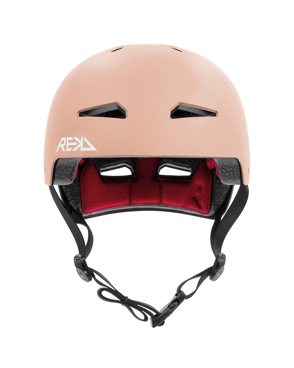 A REKD Elite 2.0 Skate / Scooter Helmet in peach and purple with black straps, front vents, and red padding, shown facing forward on a white background. Ideal for action sports protection.