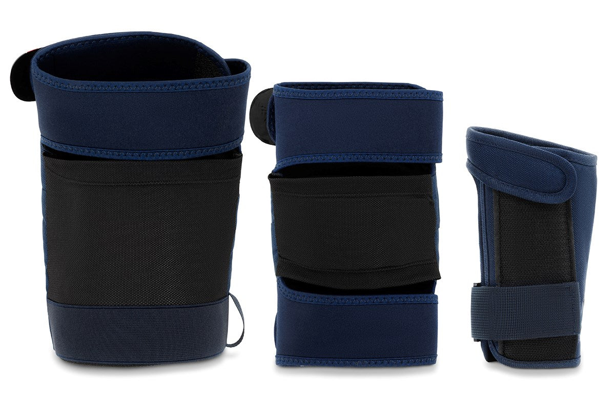 Three blue REKD Shield Triple Skate Protection Pad Sets are displayed upright against a white background, each showing different angles: front, side, and back views. Manufactured by REKD, this set provides reliable wrist guards designed for comprehensive action sport protection and superior support for active lifestyles.