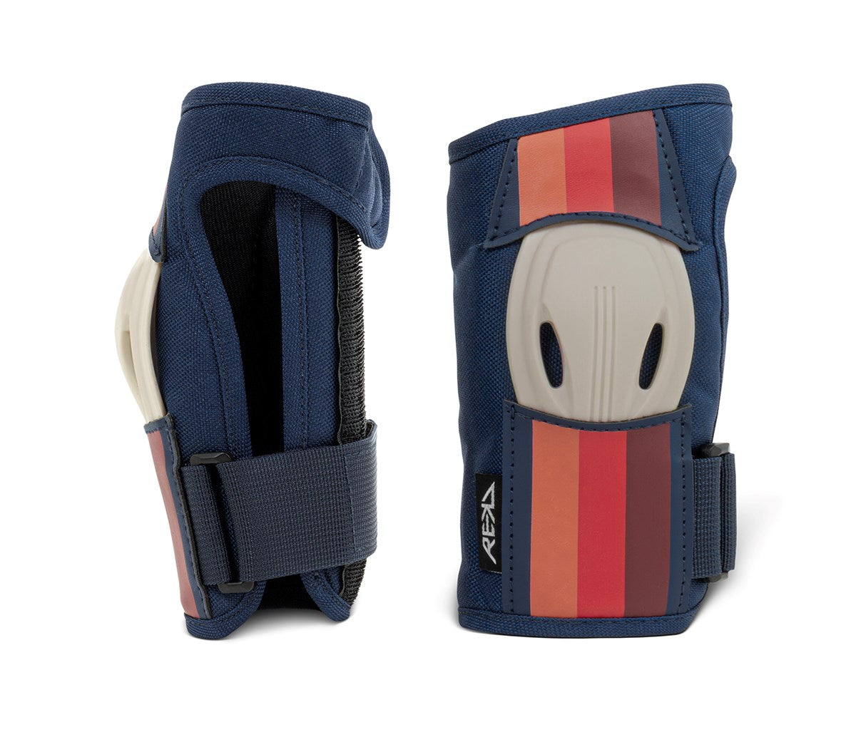 The image shows the REKD Shield Triple Skate Protection Pad Set - Blue by REKD, featuring two blue wrist guards with red and orange stripes, gray protective plates, and adjustable black straps. Designed for action sport protection during skating or similar activities, the wrist guards are displayed from both front and side views on a white background.