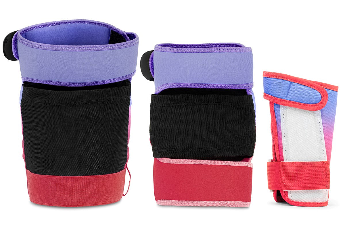 Three vibrant pouches from the REKD Shield Triple Skate Protection Pad Set - Fade Red / Violet are displayed upright, evoking action sport protective gear. Two pouches feature REKD’s bold black design with striking purple and red accents, while one showcases a white base with dynamic red, purple, and blue highlights—all shown from various angles—ideal for organizing your wrist guards or triple pad set.