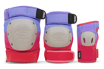 The REKD Shield Triple Skate Protection Pad Set in Fade Red/Violet includes three upright protective pads—a knee pad, an elbow pad, and a wrist guard—each designed by REKD for action sports protection and displayed against a white background.