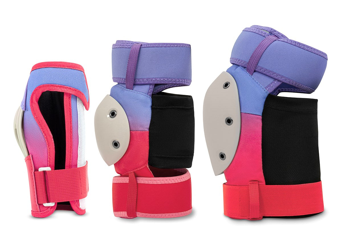 Three vibrant wrist guards from the REKD Shield Triple Skate Protection Pad Set - Fade Red / Violet by REKD are shown in side, front, and back views against a white background. Each guard features bold purple, pink, and red color fades with black padding and gray protective plates, designed for action sport protection.