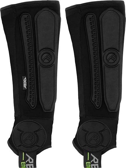 REKD Energy Covert Long Shin and Ankle Skate Protection Guards in black, featuring protective padding panels and foot stirrups for added BMX ankle protection.