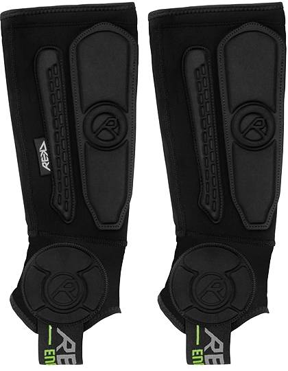 Pair of black REKD Energy Covert Short Shin and Ankle Skate Protection Guards featuring padded impact zones and ankle caps for BMX protection.