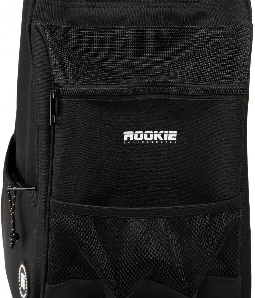 A close-up of the Rookie Classic 78 Skate Bag - Black by Rookie, featuring mesh pockets and "ROOKIE" printed in white on the front pocket—perfect for carrying your skates and keeping your gear organized.