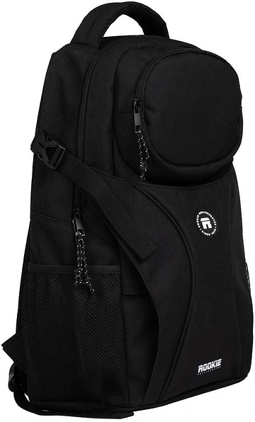 Introducing the Rookie Skatepack Classic 78 25 L Backpack in black. This versatile skate backpack by Rookie features a spacious main compartment, a round top pocket, a front zipper pocket, and a mesh side pocket—all with sleek black zipper pulls. Adjustable straps ensure comfort, while the iconic “Rookie” logo on the lower front highlights its signature style.
