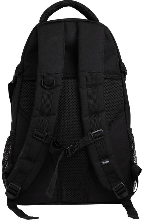 The Rookie Skatepack Classic 78 25 L Backpack in Black is shown from the back, featuring padded shoulder straps, a mesh back panel, two side mesh pockets, and an adjustable chest strap.