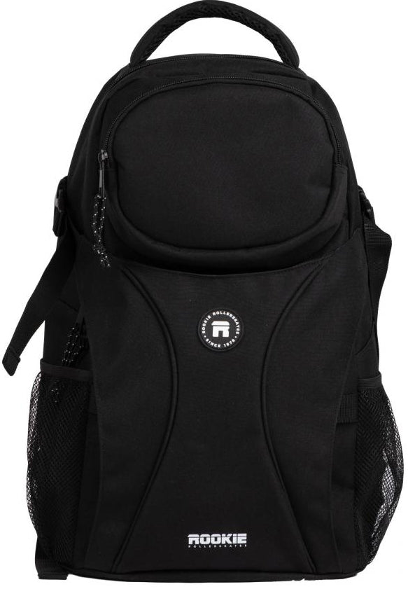 Introducing the Rookie Skatepack Classic 78 25L Backpack in black. This stylish backpack from Rookie features a rounded top, two zippered compartments, mesh side pockets, and a small circular logo on the front — perfect for carrying your essentials in style.