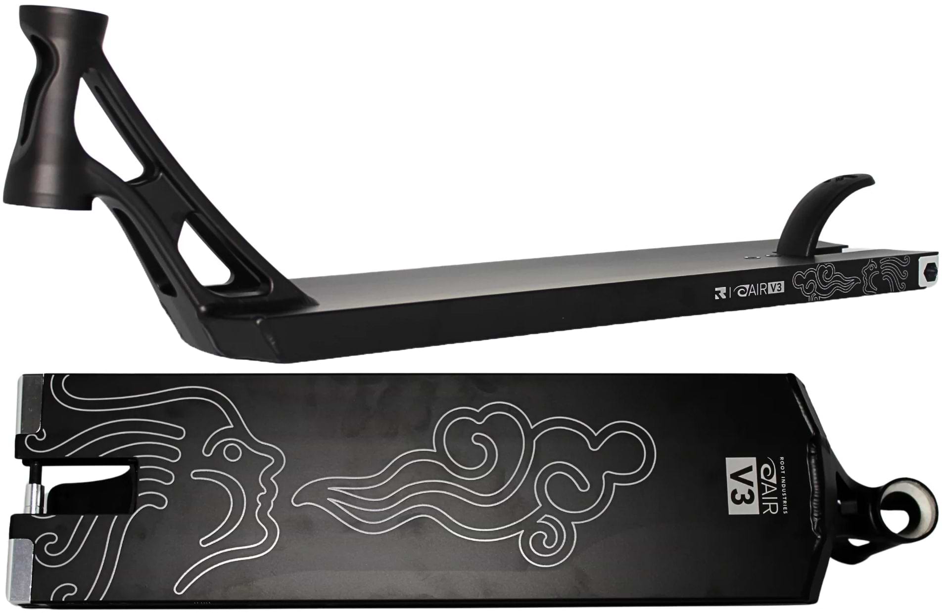Two views of the Root Industries AIR RS V3 Black Stunt Scooter Deck (6″ x 21″) are shown: the top view displays white line art featuring a face and swirling patterns, while the side view emphasizes the deck’s angular, lightweight design with cutouts near the neck.