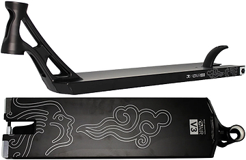 Two views of the Root Industries AIR RS V3 Black Stunt Scooter Deck (6″ x 21″) are shown: the top view displays white line art featuring a face and swirling patterns, while the side view emphasizes the deck’s angular, lightweight design with cutouts near the neck.