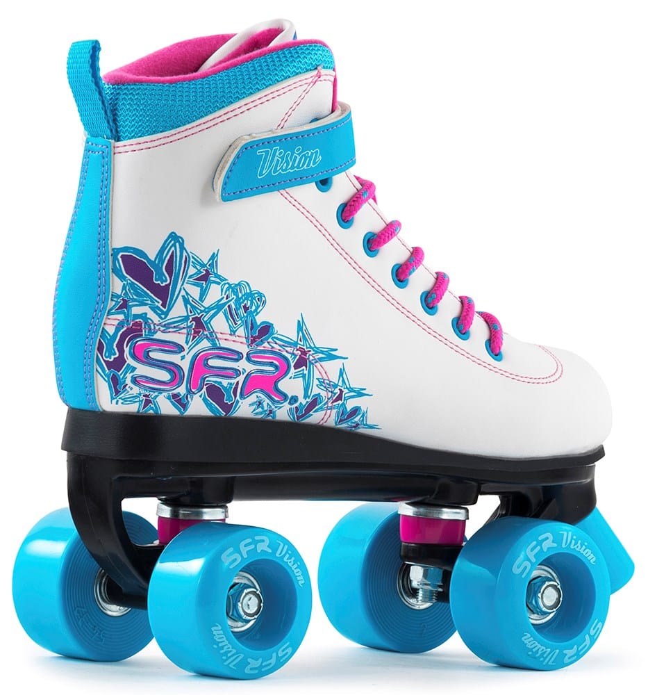 The SFR Vision II Quad Roller Skates - White / Blue feature blue and pink accents, PU injected wheels, pink laces, ankle support, a blue Velcro strap, and “SFR Vision” side graphics with star patterns. Brand: SFR.