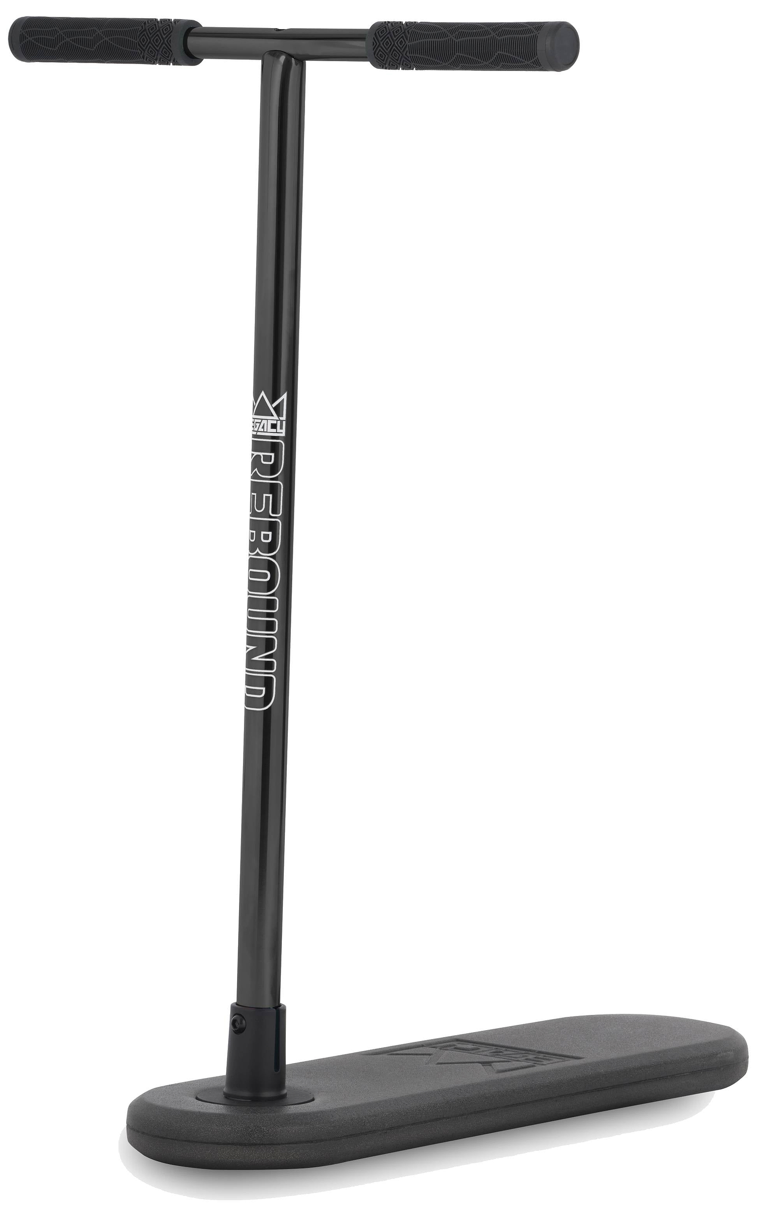 A Legacy Rebound Indoor Trampoline Scooter - Electro Black by Legacy, featuring a T-bar handle and a wide, flat deck for indoor use, is displayed against a white background.