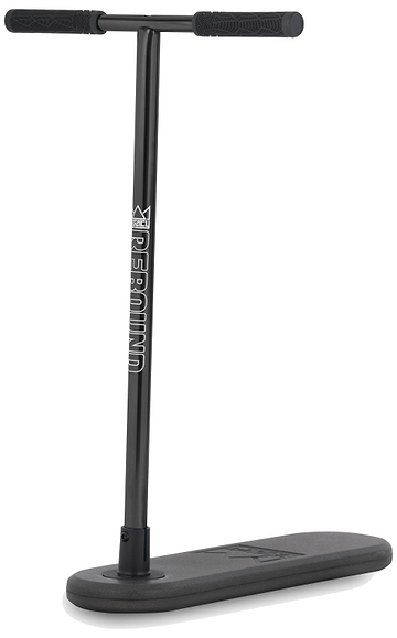 A Legacy Rebound Indoor Trampoline Scooter - Electro Black by Legacy, featuring a T-bar handle and a wide, flat deck for indoor use, is displayed against a white background.