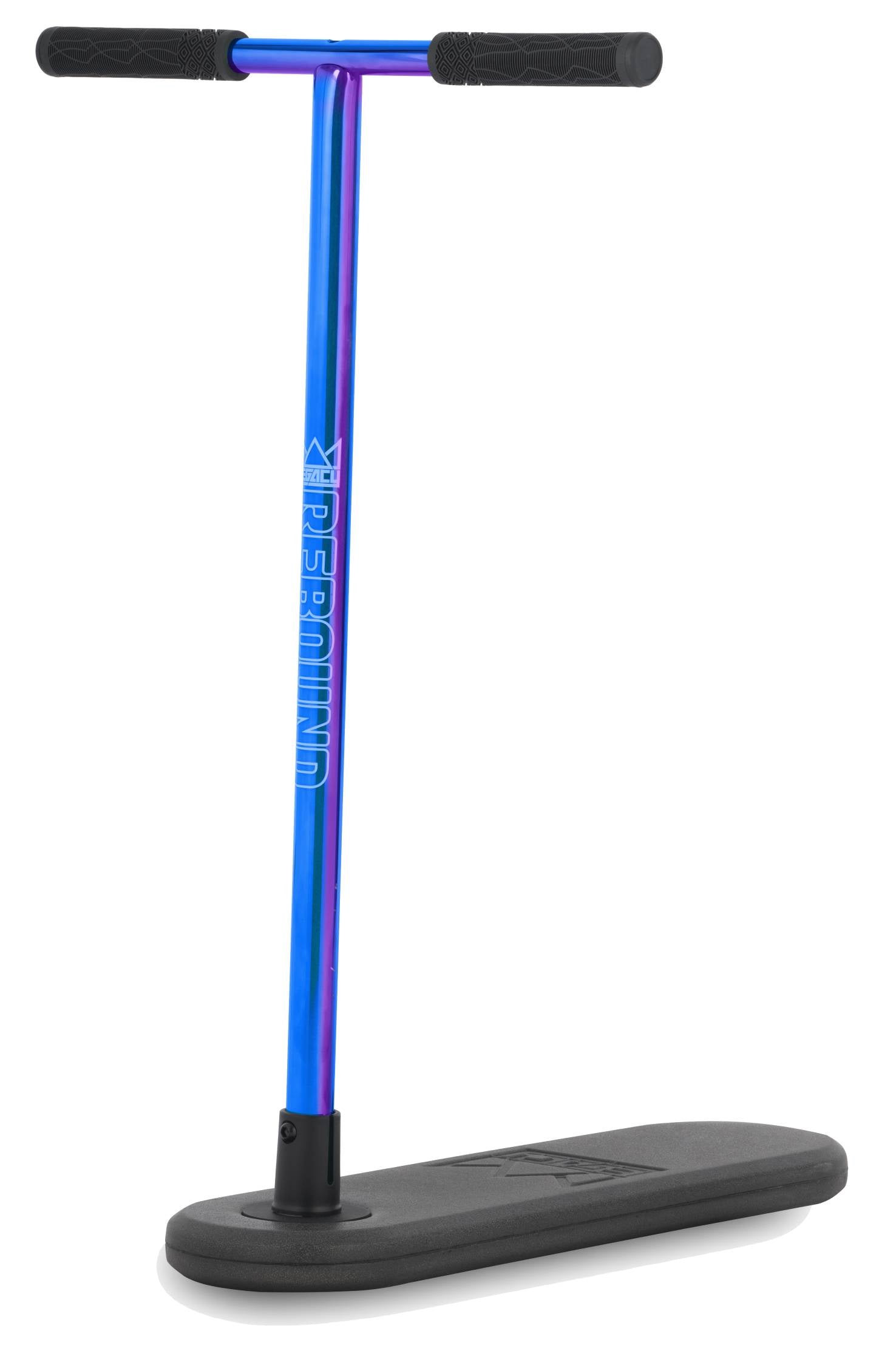 A Legacy Rebound Indoor Trampoline Scooter in the Blueray finish features a blue and purple handlebar with black grips, attached to a flat black base, resembling a practice scooter without wheels.