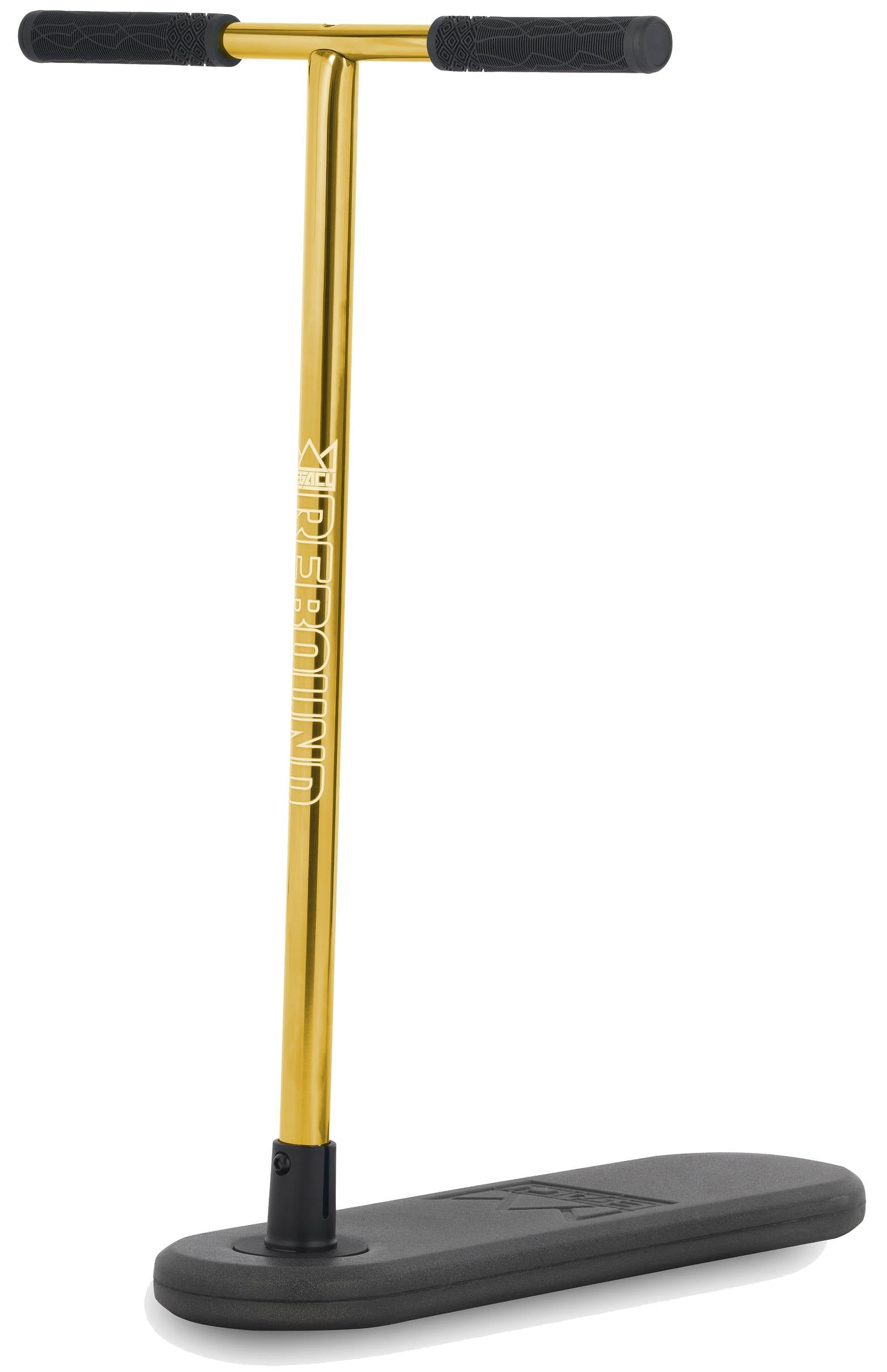 The Legacy Rebound Indoor Trampoline Scooter in Electro Gold features black hand grips and a wide, flat black base, making it ideal for balance training or indoor use.