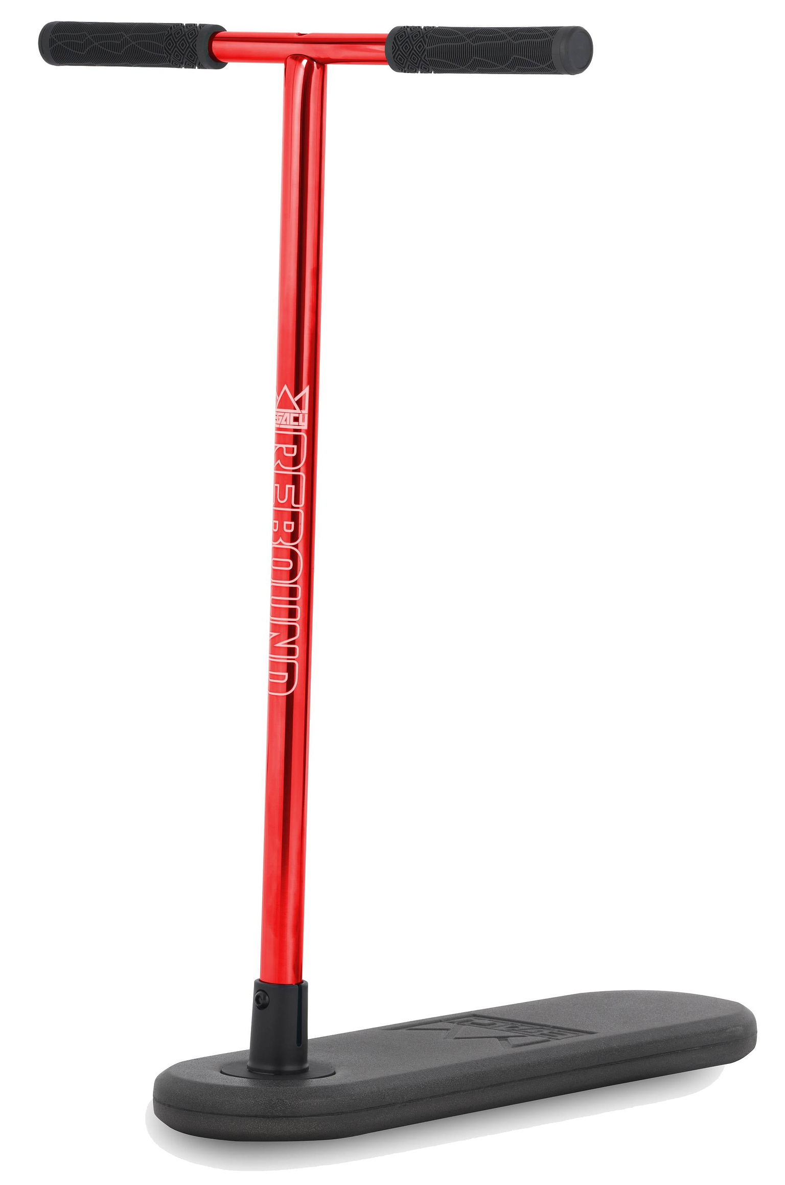 The Legacy Rebound Indoor Trampoline Scooter - Electro Red by Legacy features a bold red handlebar with black grips and a rectangular black base, designed without wheels for safe indoor trick training—ideal for perfecting your skills.